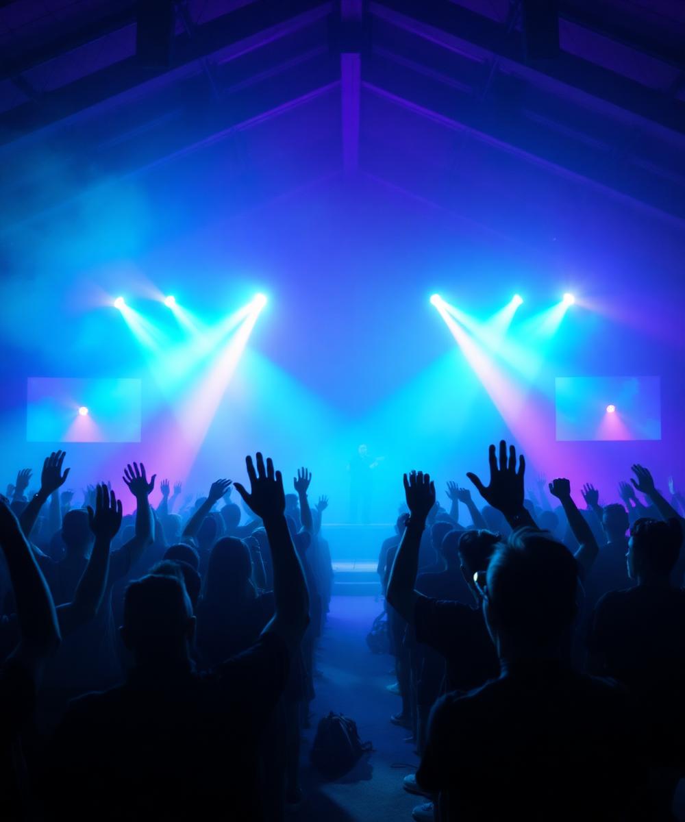 Worship night crowd bathed in blue and purple lights